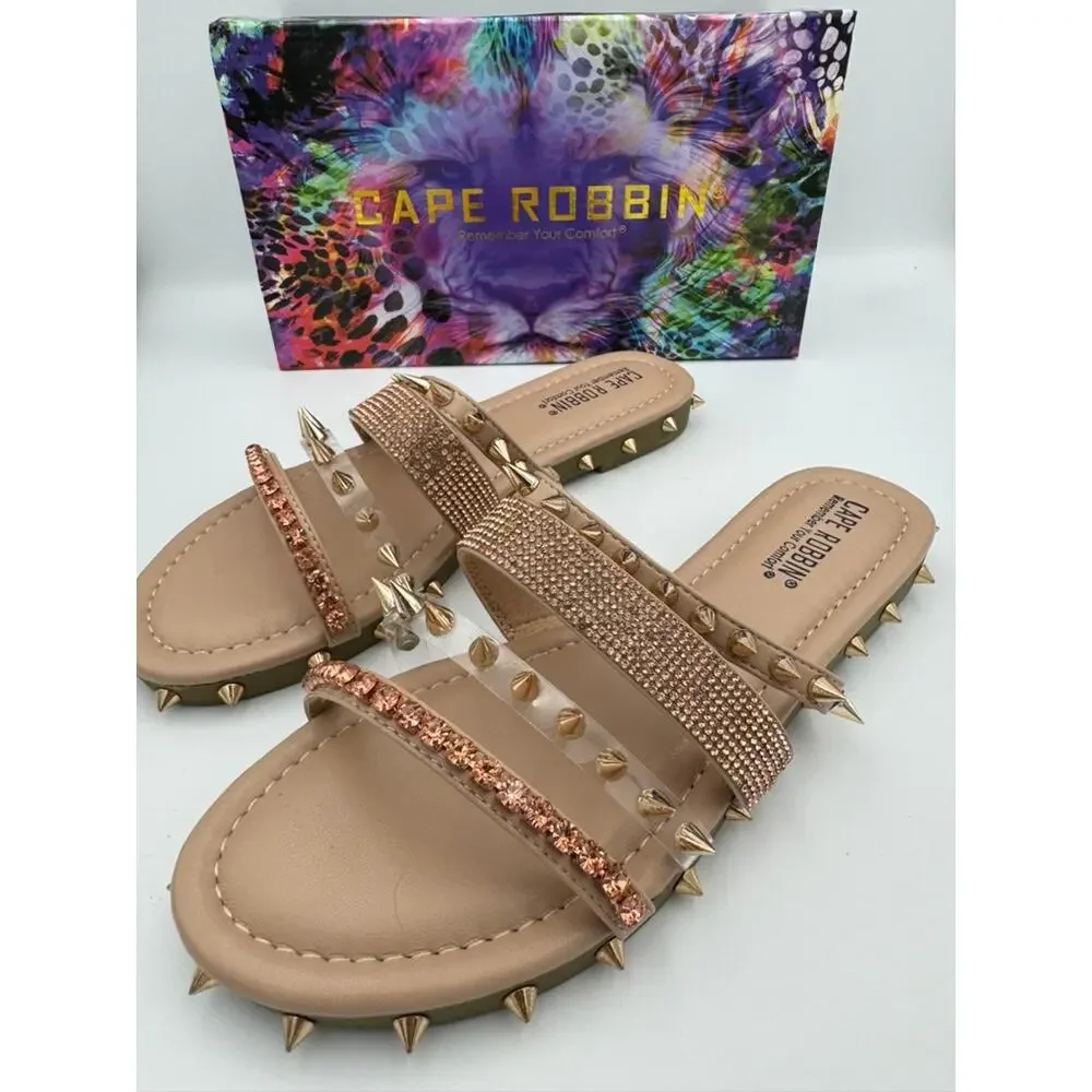 Cape Robbin Xtreme Nude Spiked Slide Sandals Size 8 Studded Rhinestone